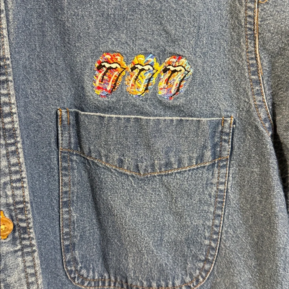 Vintage Rolling Stones Denim Shirt Tour Colorful Logo Minimalist Blue Medium